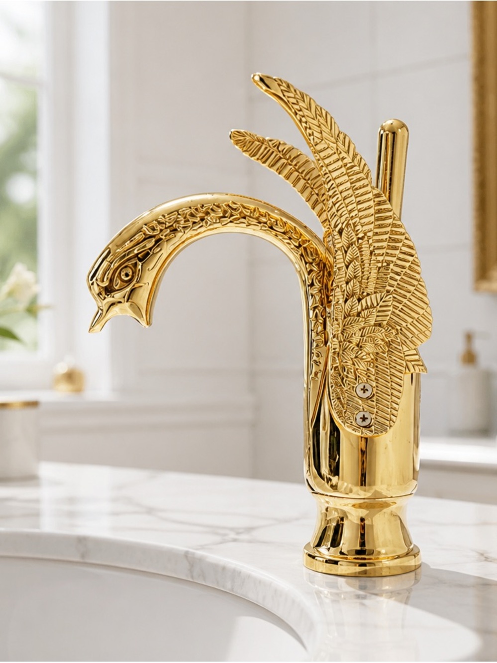 Luxury Gold Swan Bathroom Faucet - Ornate Single-Handle Vanity Tap